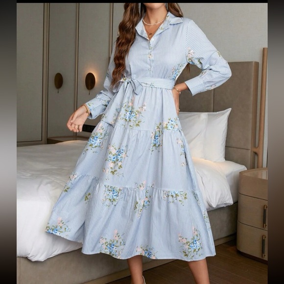 New Floral Print Ruffle Hem Belted Stripe Shirt Dress